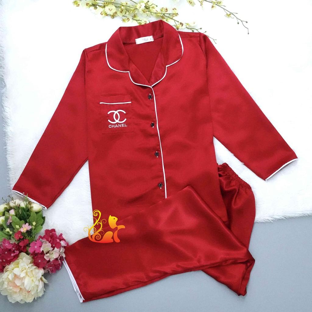 Đồ bộ Pijama Phi Lụa Viền " Thêu Chữ " tay dài cao cấp - Dưới 60kg