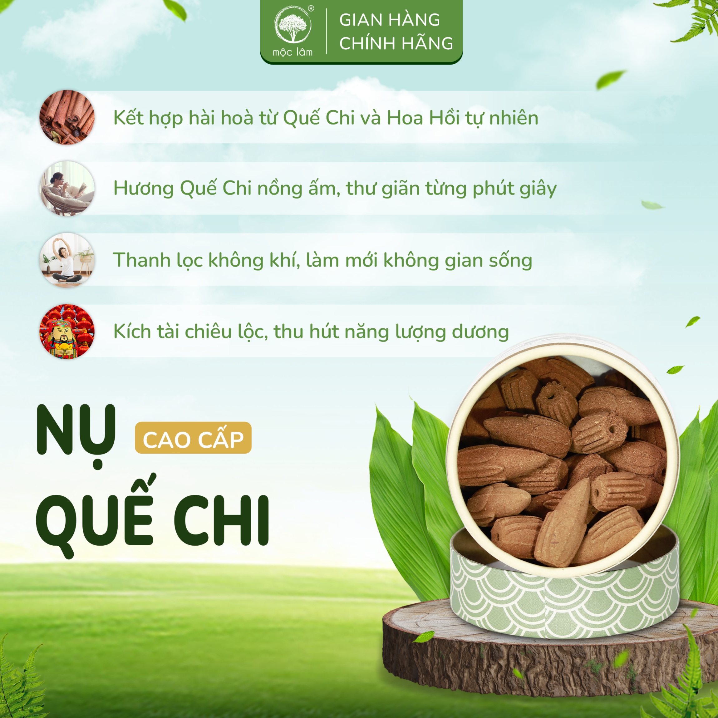 Nhang Nụ Quế Chi 100g - MỘC LÂM, Nhang Nụ Khói Ngược Cao Cấp Xông Nhà Thanh Tẩy