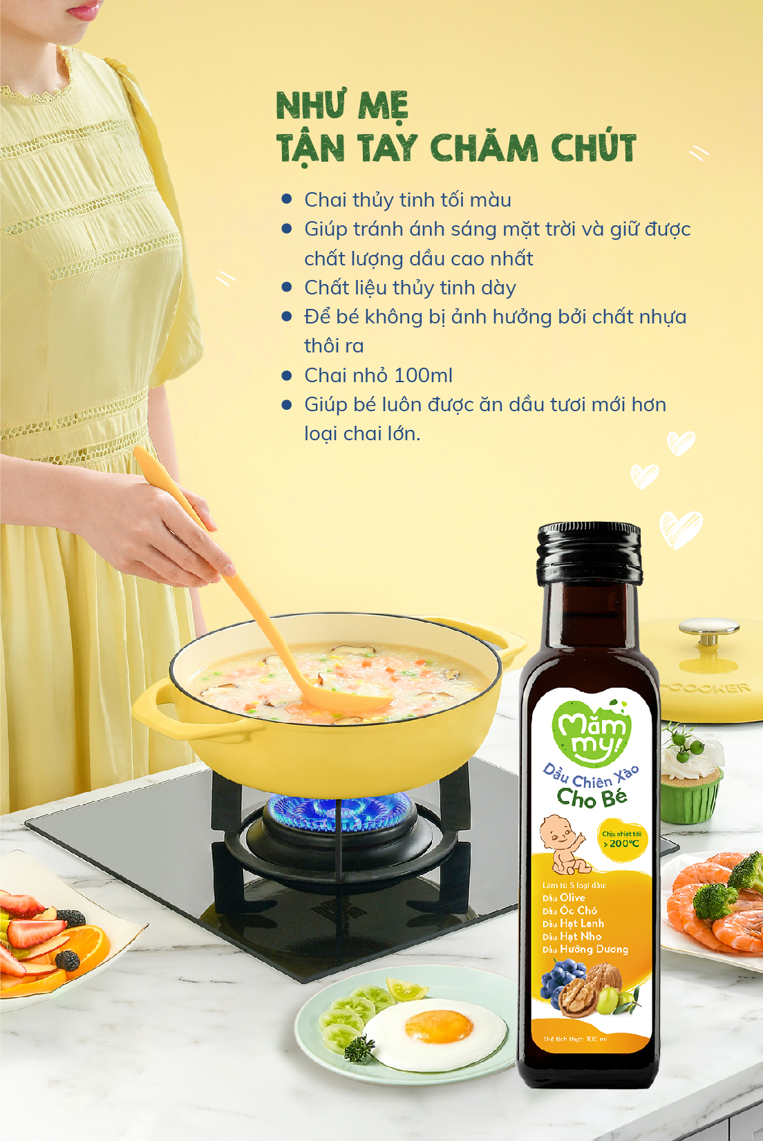 Dầu chiên xào cho bé Mămmy 100ml chịu nóng trên 200 độ C, làm từ 5 loại dầu tốt lành