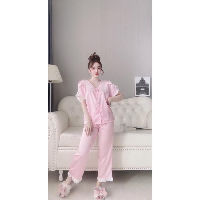 Đồ bộ lụa satin cai cấp cổ 3 lá phối ren tay ngắn quần dài dễ thương đồ ngủ lụa satin có tay freesize