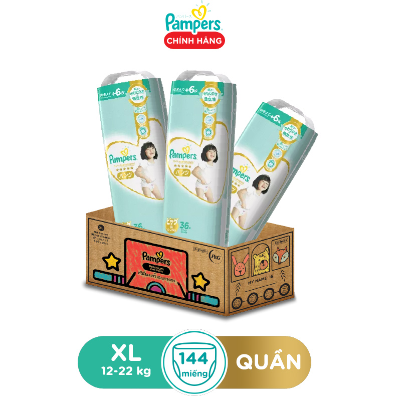 Thùng 3 Gói Tã/ Bỉm Quần PAMPERS Nhật Thượng Hạng, Size M (144 miếng, 6-12kg), Siêu Mềm Mịn & Thoáng Khí