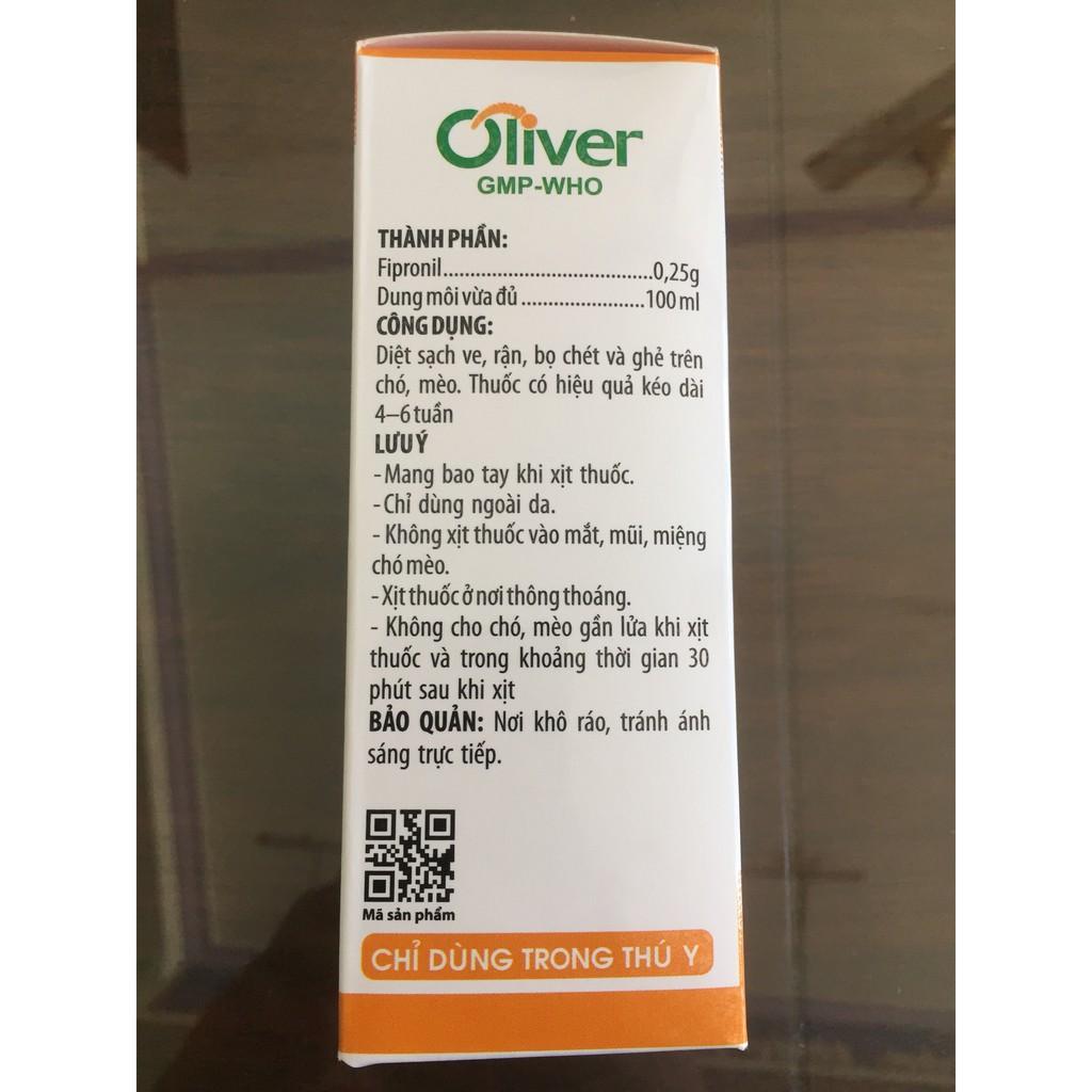 OLIVER FIPRONIL 10 ML &amp; 100ML(DUNG DỊCH PHUN XỊT TRỊ VE, GHẺ, BỌ CHÉT TRÊN CHÓ MÈO)