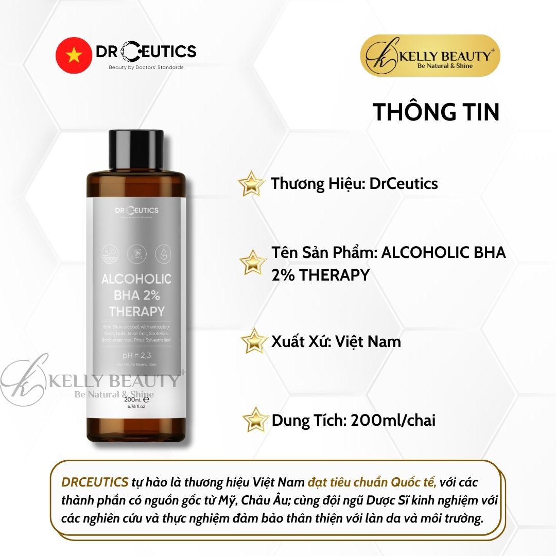 DrCeutics ALCOHOLIC BHA 2% Therapy NỀN CỒN- Giảm Mụn, Loại Bỏ Da Chết, Dầu Thừa; Se Lỗ Chân Lông | Kelly Beauty