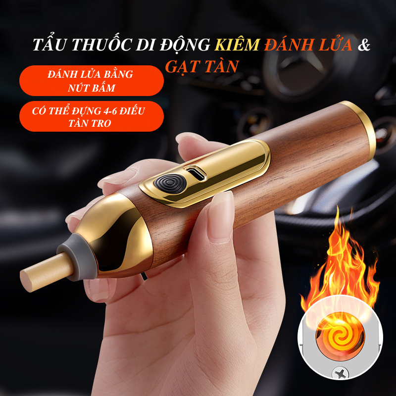 HÀNG XỊN_Tẩu Thuôc Di Động Kiêm Đánh Lửa &amp; Gạt Tàn 3 Trong 1 Tiện Dụng Chất Liệu Gỗ Cao Cấp Kèm Hộp Đựng Sang Trọng Tặng Kèm 3 Đầu Hút+Dây Sạc USB