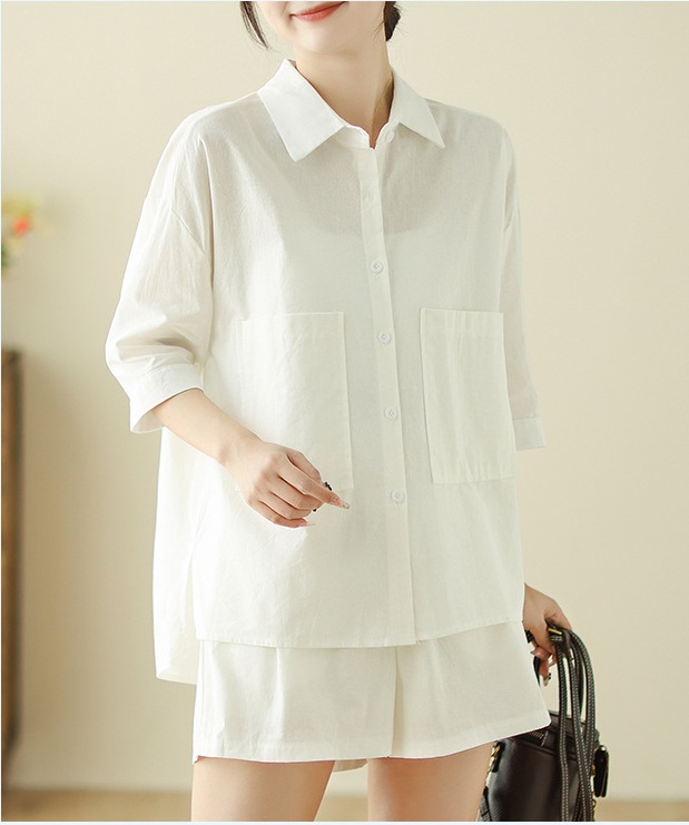 Bộ đồ cho nữ 2 chi tiết gồm áo sơ mi có túi và quần short dáng chữ A, set linen nữ hàn quốc