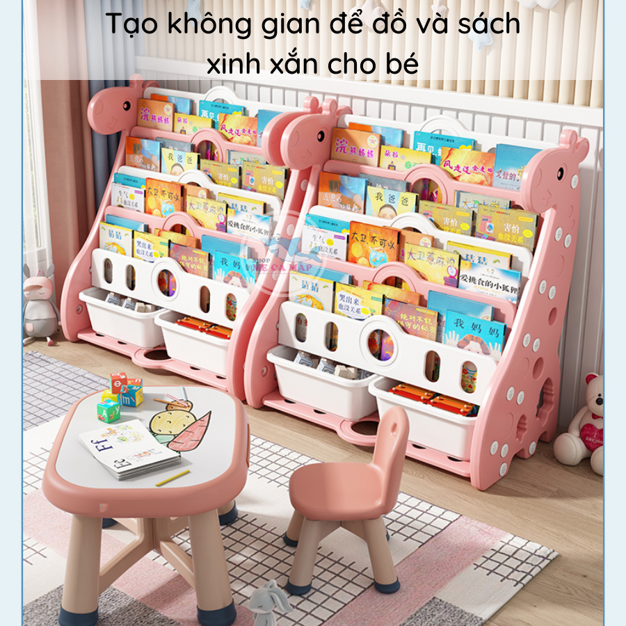 Kệ sách nhựa cao cấp cho bé hình Hươu cao cổ kèm 2 khay đựng đồ chơi, giá sách nhựa nguyên sinh an toàn cho bé yêu