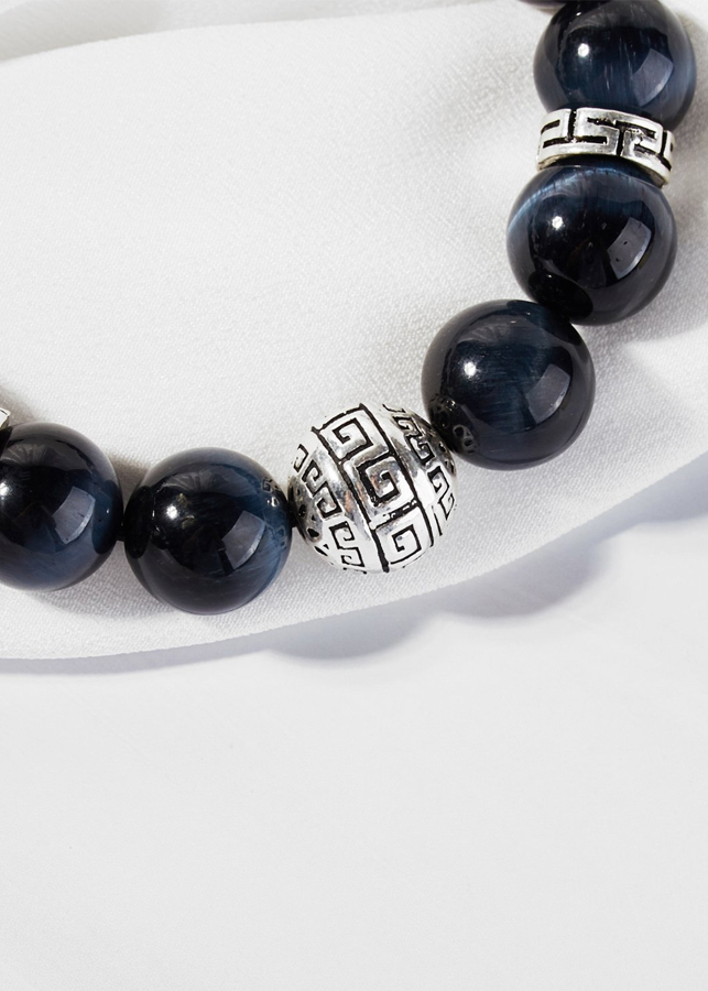 Vòng tay đá mặt trời đen phối charm bạc tròn hoa văn Ngọc Quý Gemstone