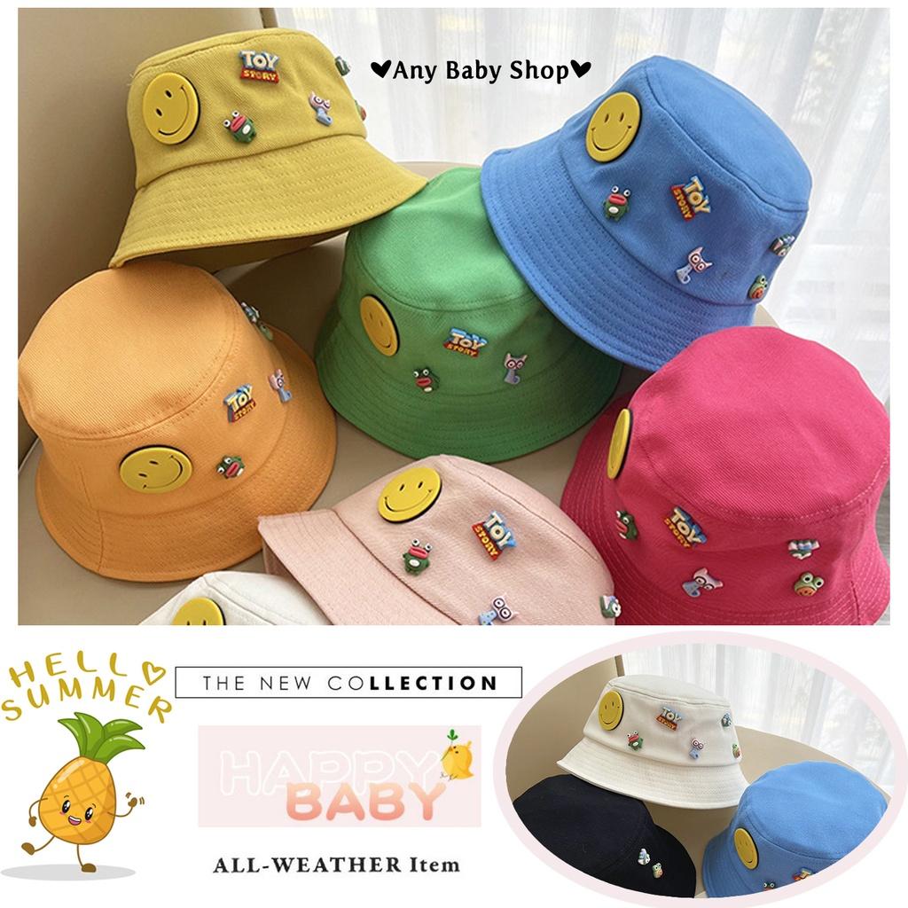 Hình ảnh Mũ nón Bucket thời trang đính sticker mặt cười,Toy story cho bé trai và bé gái 8 màu siêu cute hột me   