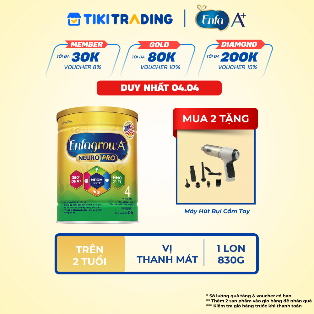 Sữa bột Enfagrow A Neuropro 4 830g với DHA giúp phát triển não bộ cho trẻ từ 26 tuổi