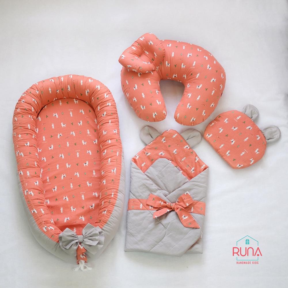 Combo nôi, chăn, gối lót đầu, gối hỗ trợ bé bú cho bé sơ sinh RUNA KIDS chất liệu Satin cao cấp, mềm mịn, an toàn cho bé