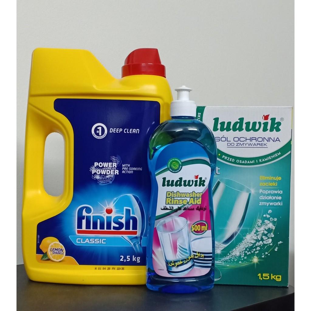 COMBO bột rửa bát Finish 2.5 kg+Muối Ludwik 1.5kg kg+Nước làm bóng Ludwiik 500ml dùng cho máy rửa bát