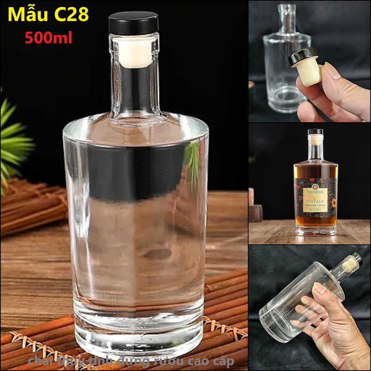 Chai Thủy Tinh 500ML mẫu vốt ka trụ tròn vai xòe nắp cao su kèm màng co – Chai Đựng Rượu Cao Cấp – Vỏ Chai Rượu Đẹp siêu trong (C28)