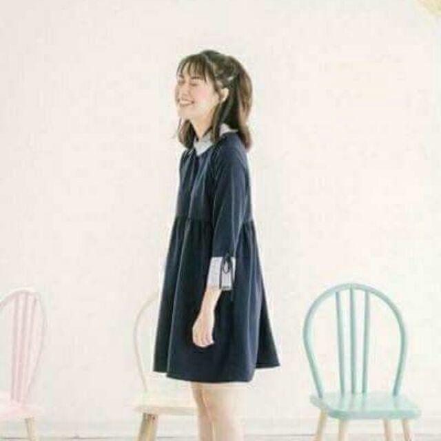 Đầm váy babydoll xanh cổ sọc