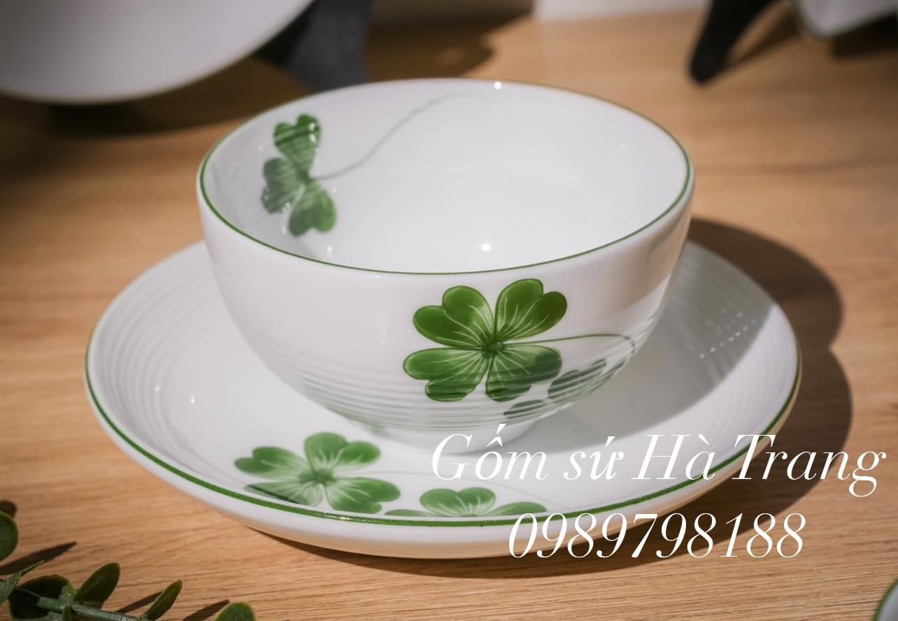 Set bát đĩa gốm sứ Bát Tràng cao cấp vẽ tay hoạ tiết cỏ bốn lá may mắn
