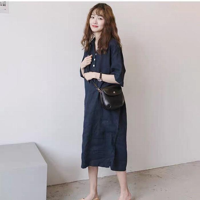 Đầm suông linen form rộng cổ sơ mi 2 túi bên sườn không kén dáng mặc, thời trang phong cách trẻ