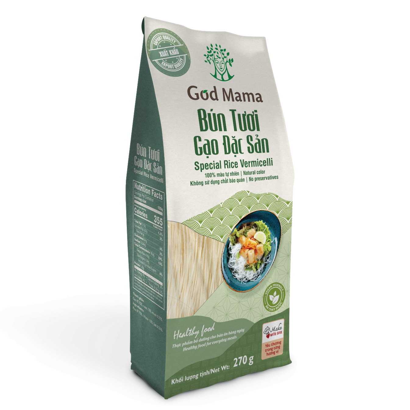 Bún Tươi Gạo Đặc Sản God Mama - 270gr - Tiện lợi - Sợi bún dai - Mùi thơm và hương vị tự nhiên - An toàn cho sức khỏe