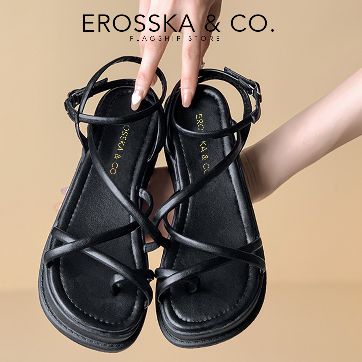 Erosska - Giày sandal nữ đế xuồng phối dây quai mảnh - SB001