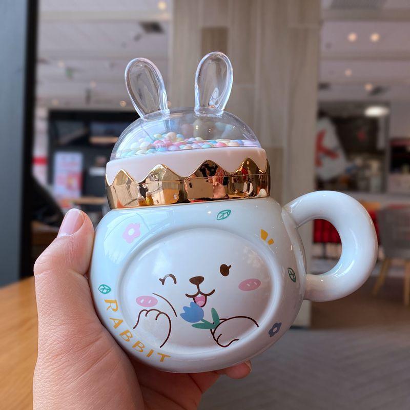 Cốc Sứ Thỏ Xinh Xắn Decor Văn Phòng, Cặp Đôi, Trẻ Em Có Nắp Và Thìa Cute