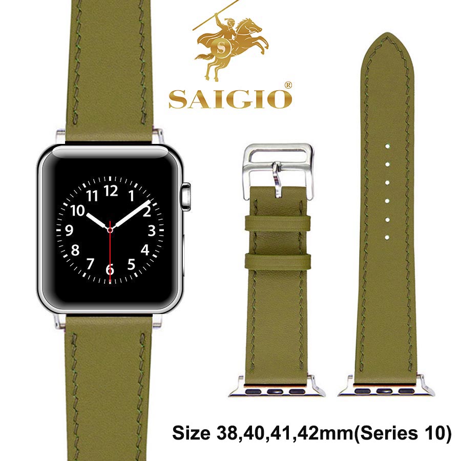 Dây Apple Watch 42mm 41mm 40mm 38mm, Chất Liệu Da Bò Cao Cấp, Dây Đeo Phong Cách Cổ Điển, Đơn Giản Và Tinh Tế, Tương Thích Các Phiên Bản Series 10987654321SESE2 – Xanh Ôliu  Adapter Bạc