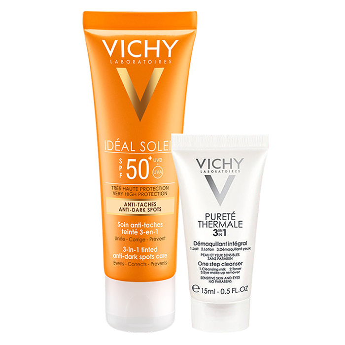 Kem Chống Nắng Có Màu Ngăn Sạm Da, Giảm Thâm Nám Vichy Ideal Soleil Anti-Darkspot SPF50 (50ml) + Tặng Sữa Rửa Mặt Tẩy Trang 3in1 (15ml)