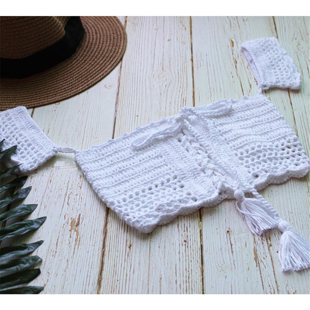 Women Lady Bohemian Two Piece Crochet High Waisted Swimwear Bikini Set White Lace Knit Swimsuit Bathing Suit
