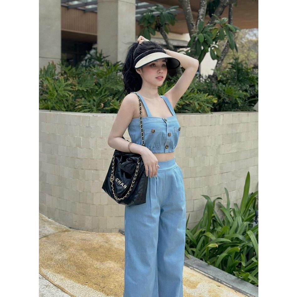 SET BỘ ĐI CHƠI, SET 2 MÓN ÁO ỐNG CROPTOP 2 DÂY PHỐI QUẦN SUÔNG ỐNG RỘNG CỰC NĂNG ĐỘNG