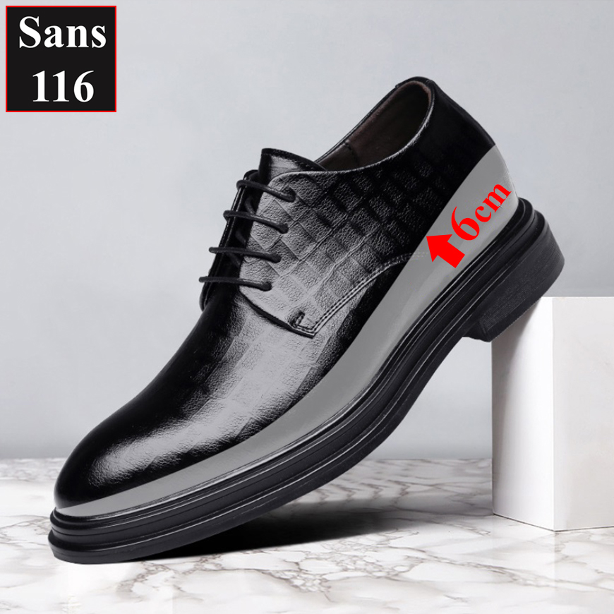 Giầy tây nam tăng chiều cao 6cm Sans116 giày derby công sở đen độn đế buộc dây cao cấp chú rể đám cưới mặc vest