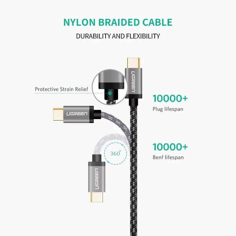 Ugreen UG50542US187TK 2M màu đen cáp USB Type C 3.0 sạc nhanh và truyền dữ liệu dây dù - HÀNG CHÍNH HÃNG