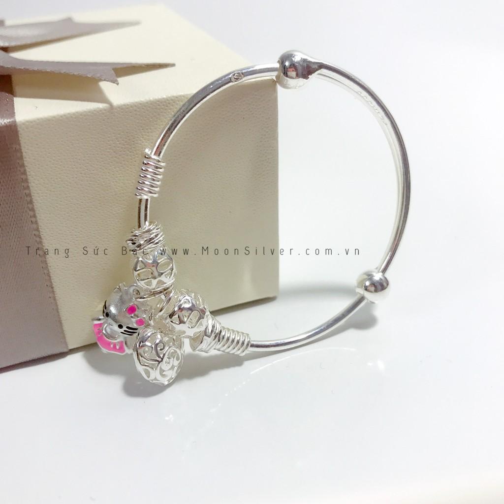 Lắc tay, vòng tay bạc cứng trẻ em hình con mèo, charm mèo kitty cho bé gái chuẩn bạc ta 999