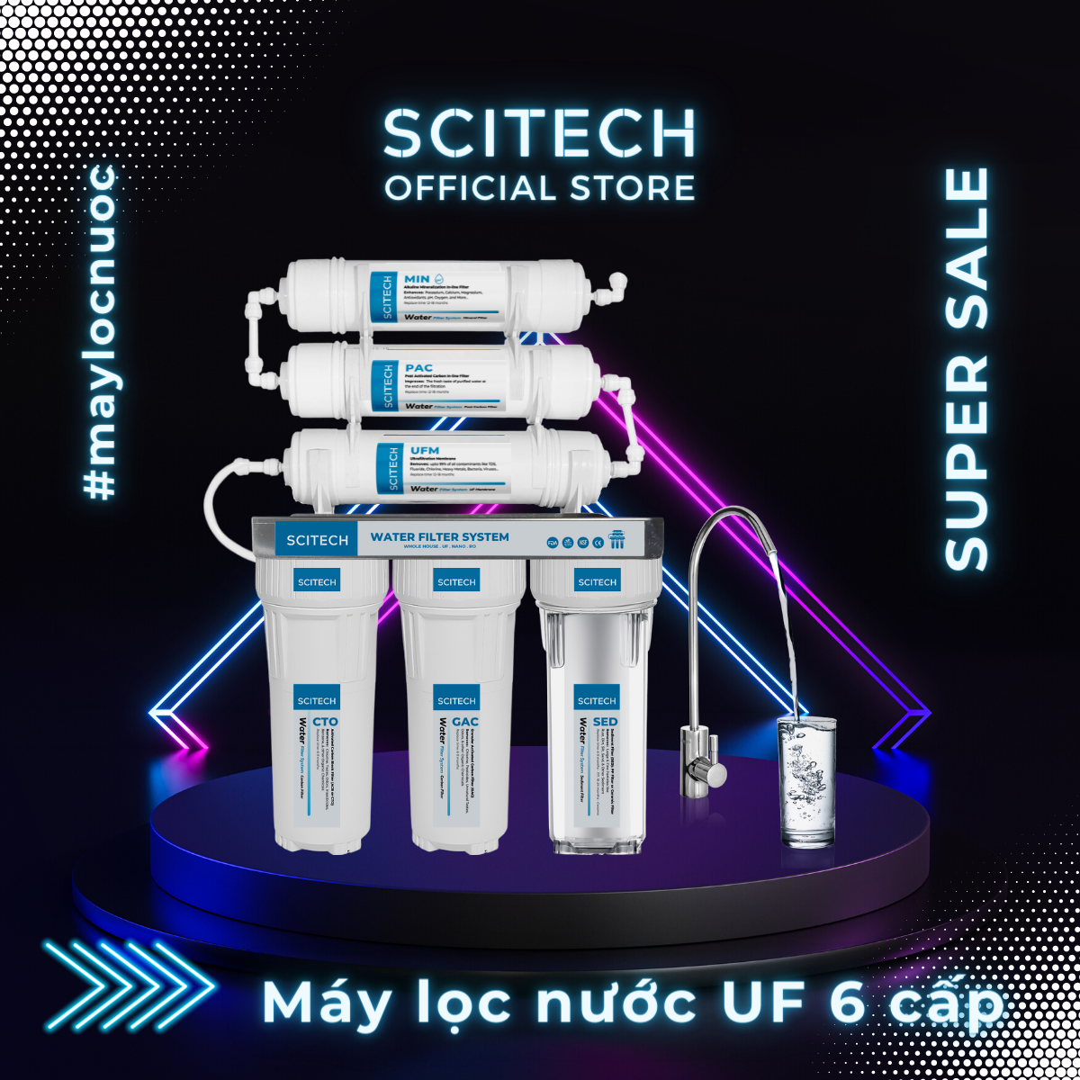 Bộ lọc nước uống công nghệ UF 6 cấp lọc by Scitech (Không dùng điện, không nước thải, tích hợp công nghệ tạo nước ion kiềm) - Hàng chính hãng