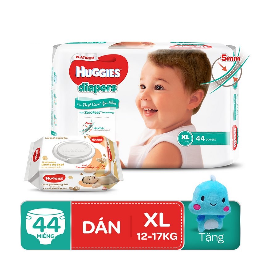 [Tặng khủng long cánh sách] Combo Tã dán siêu cao cấp Huggies Platinum và  Khăn giấy ướt cho trẻ sơ sinh chiết xuất Cacao &amp; Bơ hạt mỡ