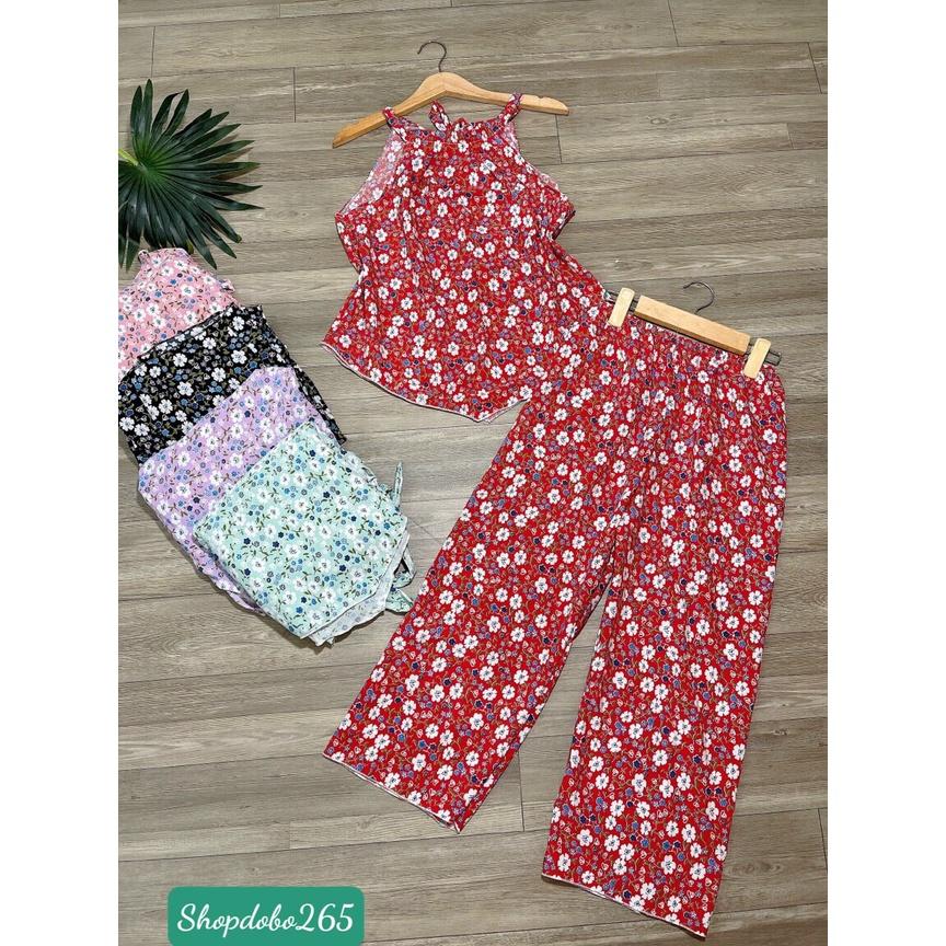 Set đồ nữ,đồ bộ nữ mặc nhà cổ yếm xinh vải lụa họa tiết dễ thương.
