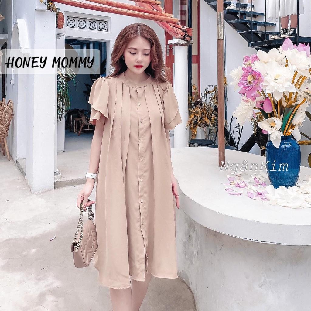 Váy Bầu Sơ Mi Cổ Tàu Xếp Ly Dáng Suông Công Sở HD2626 Honey Mommy Đầm Bầu Hè Ngắn Tay