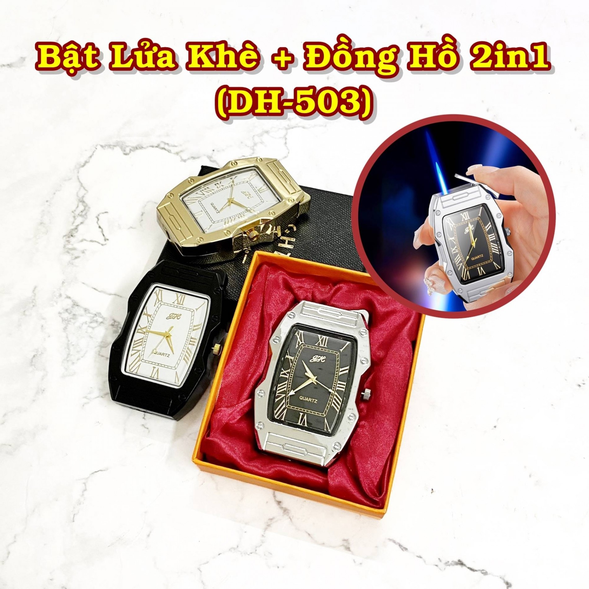 Hột quẹt bật lửa khè đồng hồ 2IN1 DH503 mặt vuông kim loại - xài gas