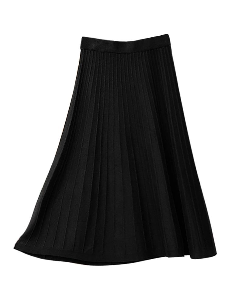 Women Knitted Skirt Solid Color High Waist Ribbed Pleated A-Line Spring Autumn Elegant Vintage Street Wear