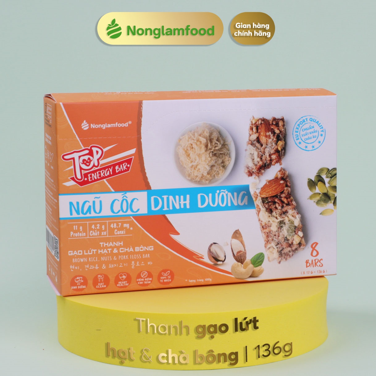 Thanh gạo lứt Hạt & Chà Bông Nonglamfood hộp 8 thanh 136g | Hỗ trợ ăn kiêng giảm cân, tập gym | Bữa ăn sáng thay thế dinh dưỡng | Bổ sung dưỡng chất