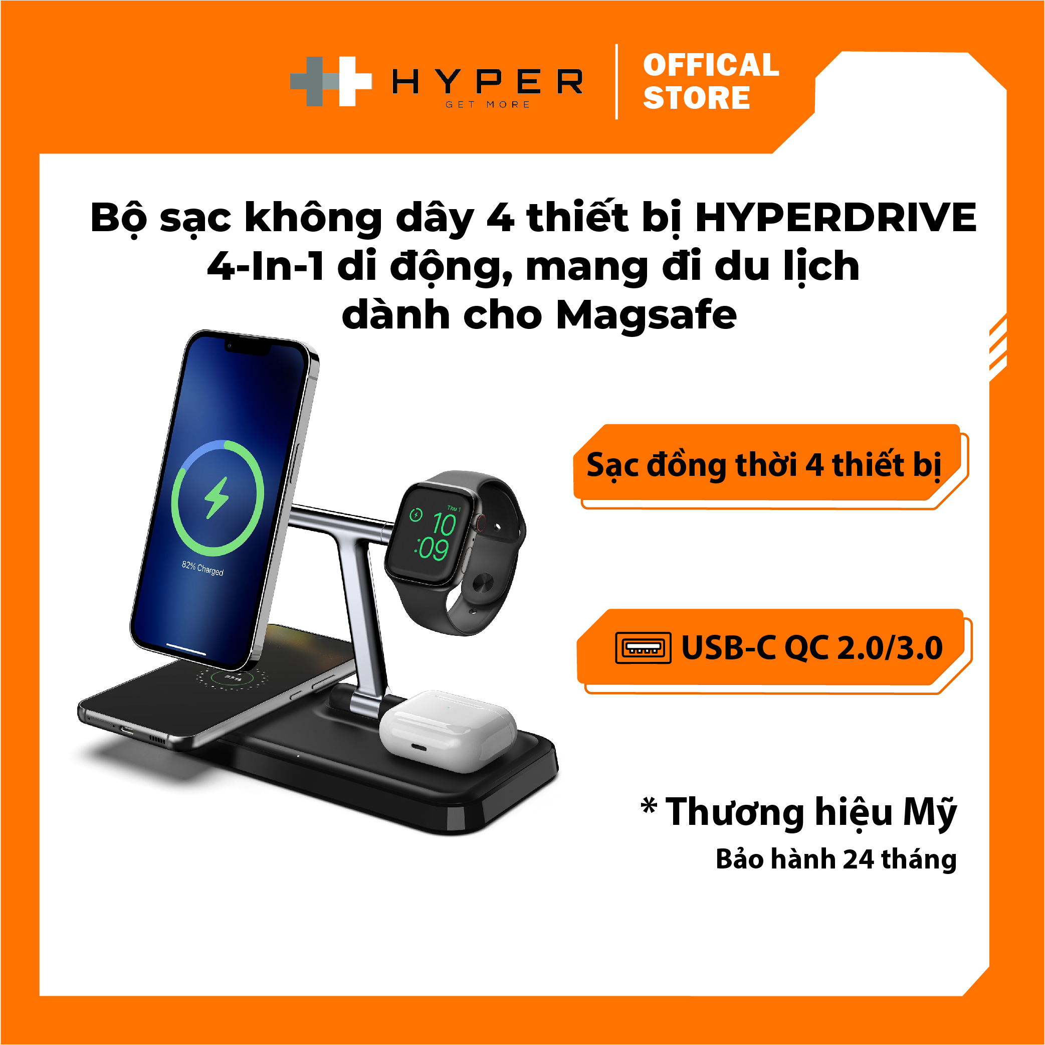 BỘ SẠC KHÔNG DÂY4 THIẾT BỊ HYPERJUICE 4-IN-1 WIRELESS PORTABLE & TRAVEL HJ-499QM - HÀNG CHÍNH HÃNG