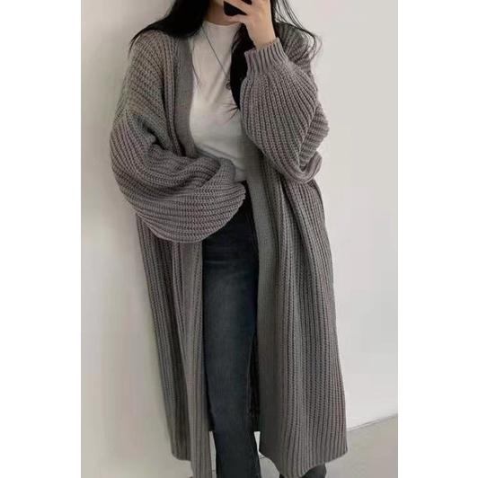 Cardigan Len Tay Bồng Dáng Dài Màu Trơn Hàn Quốc Sợi To