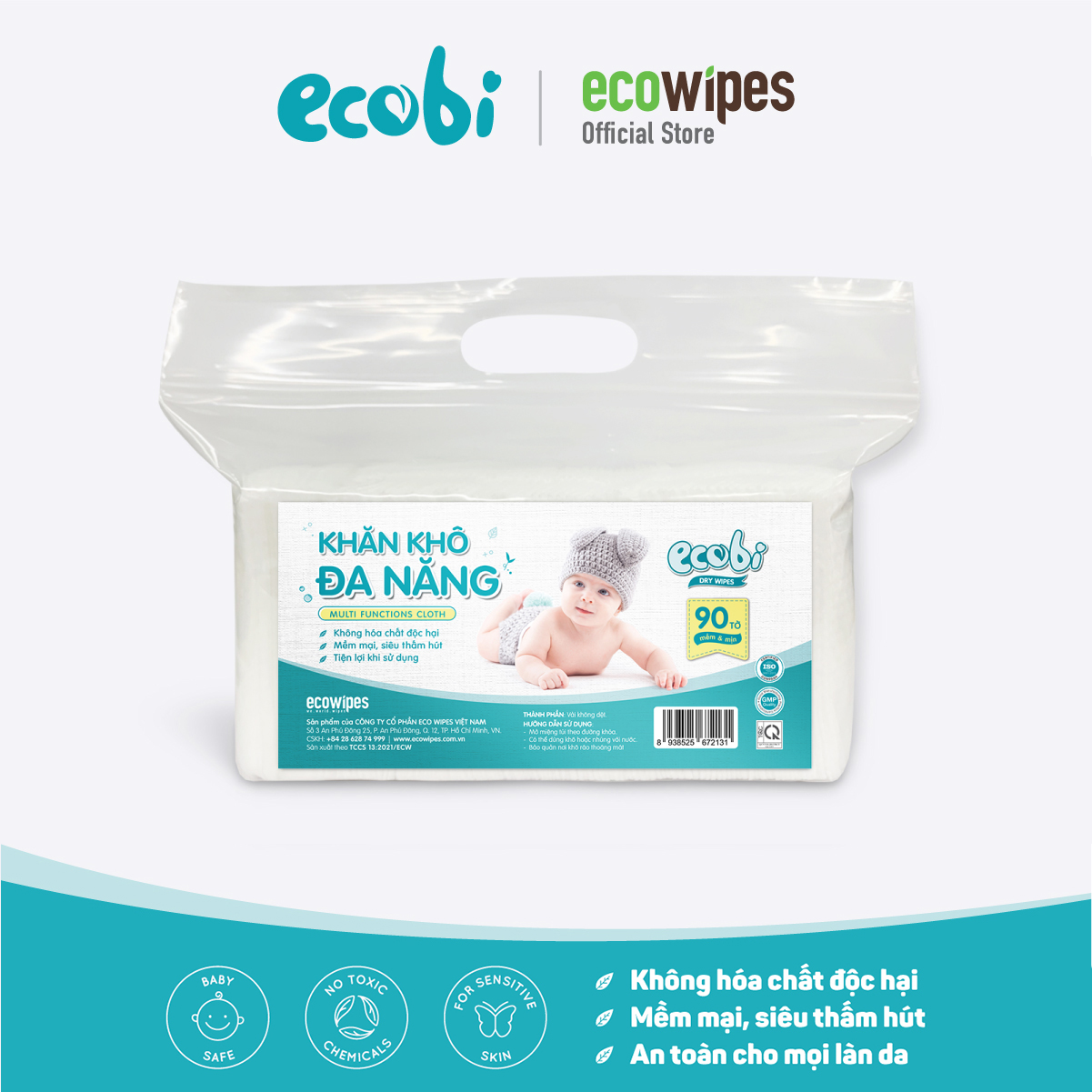 Khăn khô đa năng cho bé Ecobi túi 90 tờ dùng thay khăn sữa an toàn cho trẻ sơ sinh