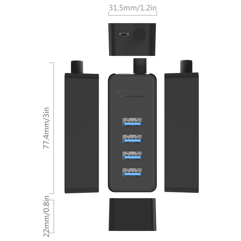 Bộ chia USB 4 PORT Orico W5P-U2-30 Đen - Hàng Chính Hãng