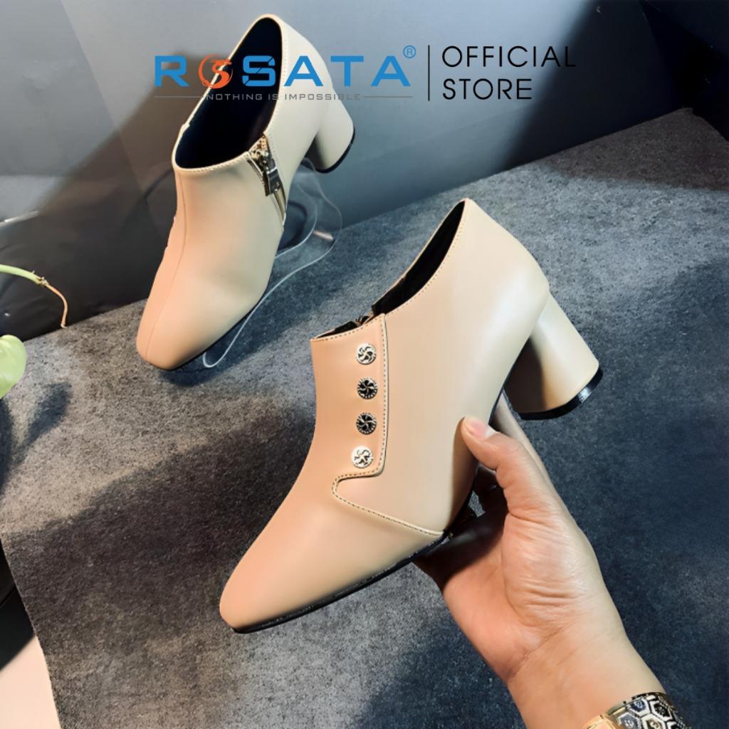 Giày bốt nữ ROSATA RO289 cổ thấp mũi tròn êm chân phối khuy khóa kéo gót cao 5cm xuất xứ Việt Nam - Đen