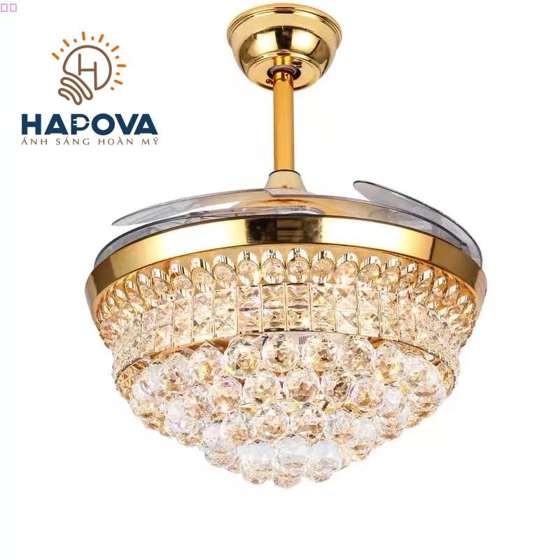 Quạt trần đèn, quạt trần đèn dấu cánh trang trí phòng khách Pha lê HAPOVA ZENKA 8041 Động cơ 6 số + Tặng kèm điều khiển từ xa HÀNG CHÍNH HÃNG