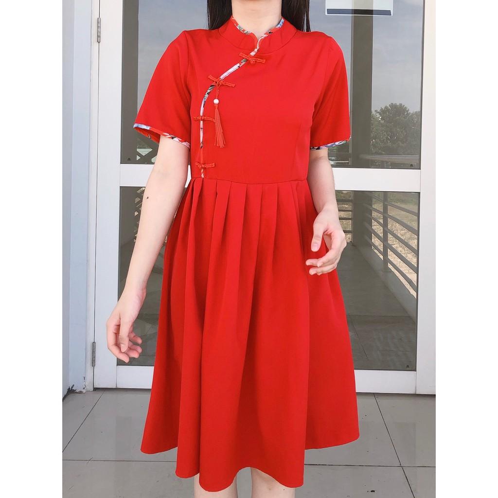 ĐẦM ĐŨI MỊN HANBOK NÚT TÀU CHÉO ĐỎ HỒNG NGÀY TẾT