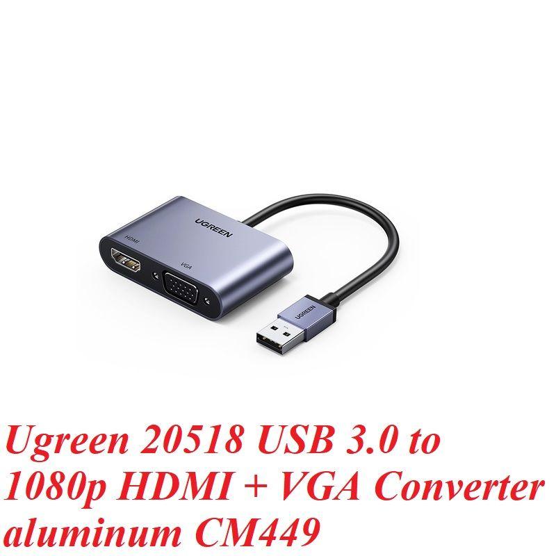 Ugreen UG20518CM449TK 15CM Cáp chuyển đổi USB 3.0 sang HDMI + VGA 1080P/60Hz vỏ nhôm - HÀNG CHÍNH HÃNG