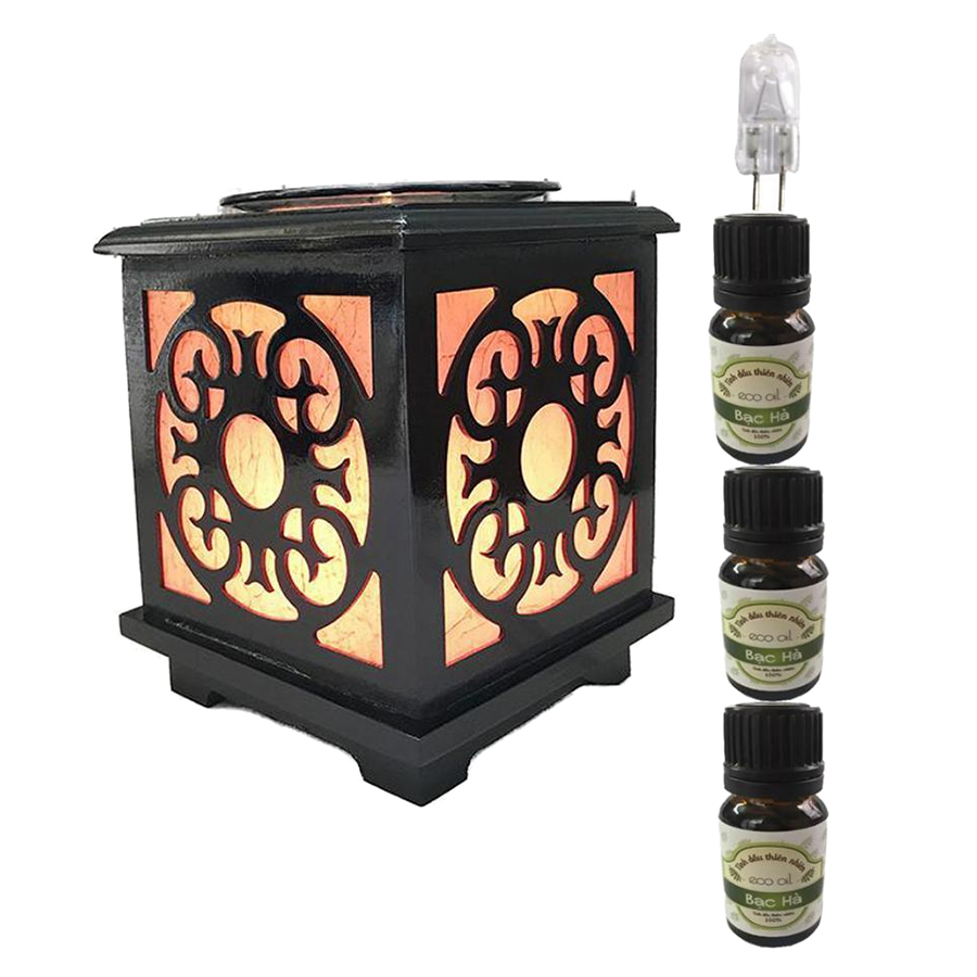 Đèn xông tinh dầu gỗ vuông AH43 và 3 tinh dầu bạc hà Eco 10ml và 1 bóng đèn