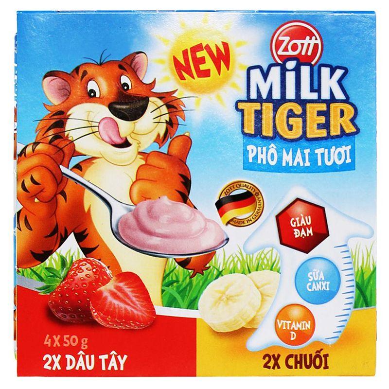 Lốc 4 Hộp Phô Mai Tươi Milk Tiger Dâu Chuối 50GHộp-4014500513515
