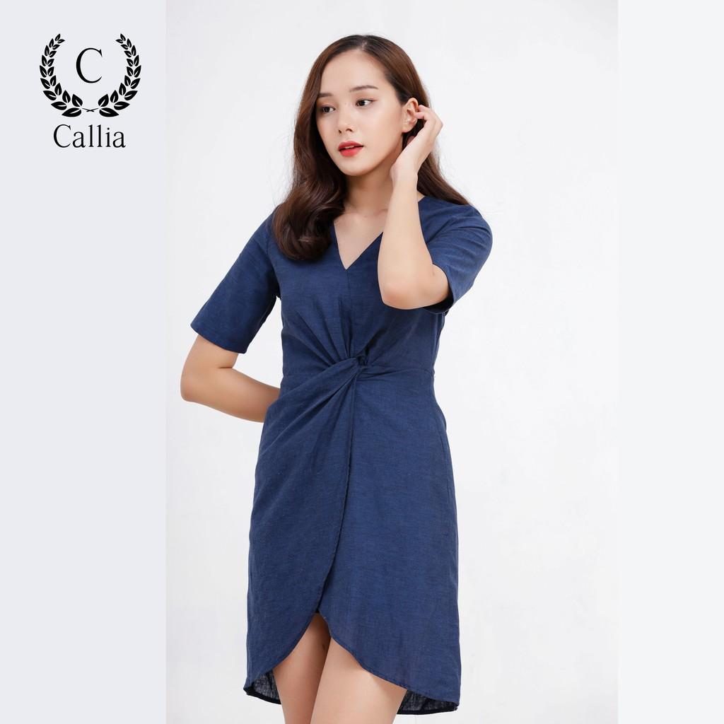 Đầm nữ Callia Joey chữ A cổ V tay ngắn (Xanh đen)