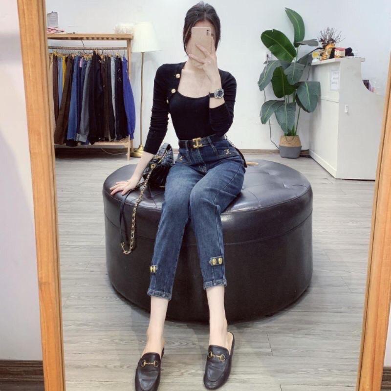Áo len gân cổ vuông khuy đồng vạt bầu hàng QC hot