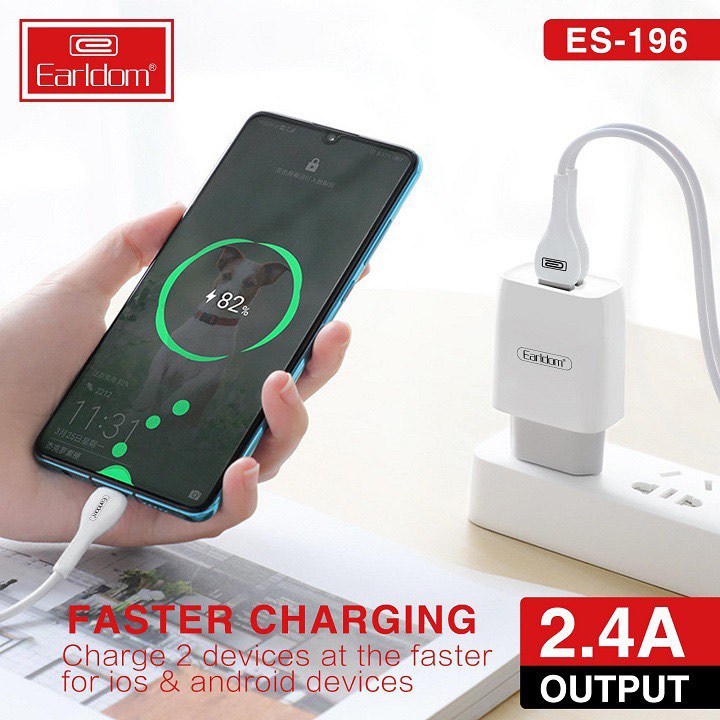 Bộ Sạc 2 cổng Earldom ES-196 - Fast Charge 2.4A Kèm dây cáp chuẩn sạc nhanh Cáp MicroUSB - Cáp Type C - Cáp IP Hàng Nhập Khẩu