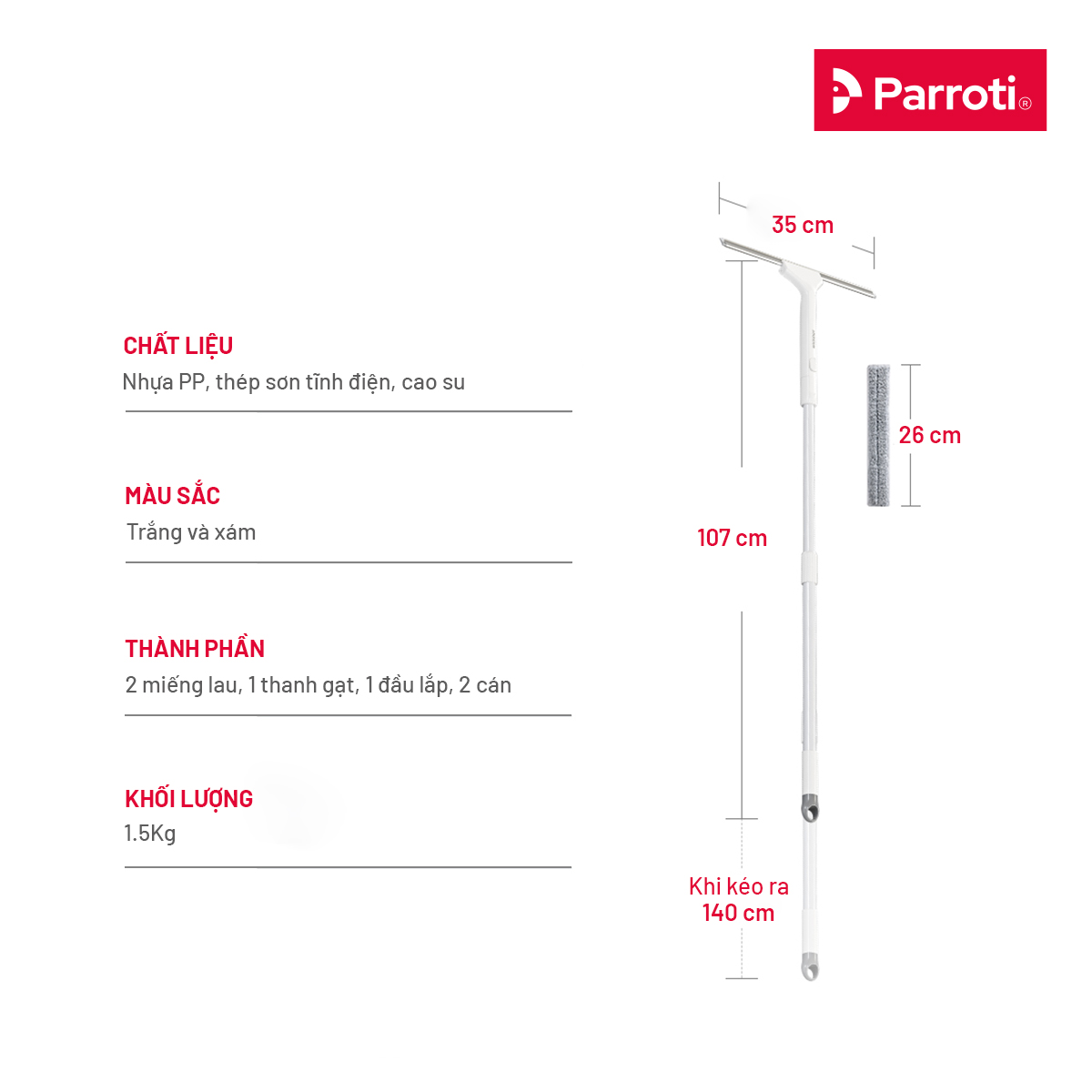 Cây chùi kính, lau kính đa năng 2 đầu trong 1, 2 miếng lau cao cấp Parroti SN02